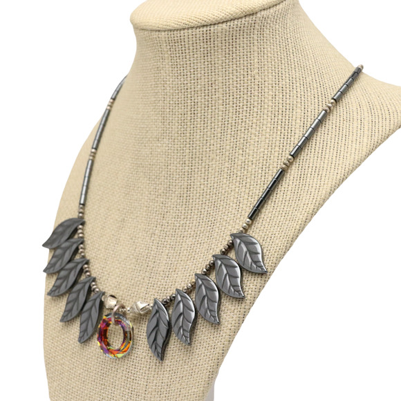 Vintage 925 Artisan Leaf Bib Necklace | Iridescent Crystal & Hematite | 19” - Picture 11 of 12